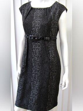 Calvin Klein Charcoal and Black Patterned Cap-Sleeve Midi Dress with Belt size 6